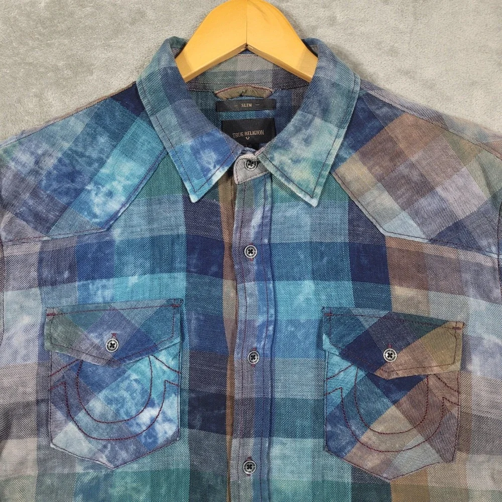 True Religion Western Shirt Mens Large Blue Plaid Slim Fit Bleashed MB011RN4